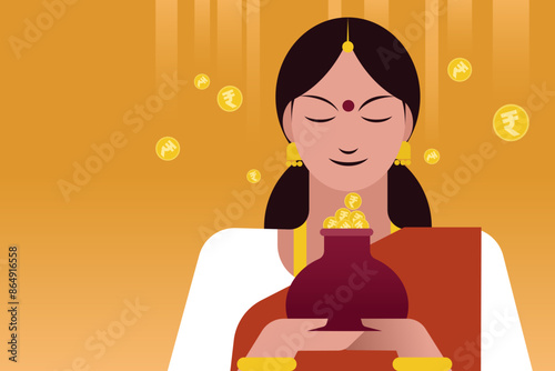 Illustration of an Indian woman holding a pot filled with Indian Rupee coins