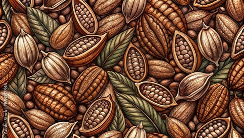 Intricate engraved style pen drawing of cocoa beans in a vector pattern illustration showcasing rich brown chocolate hues and textures.