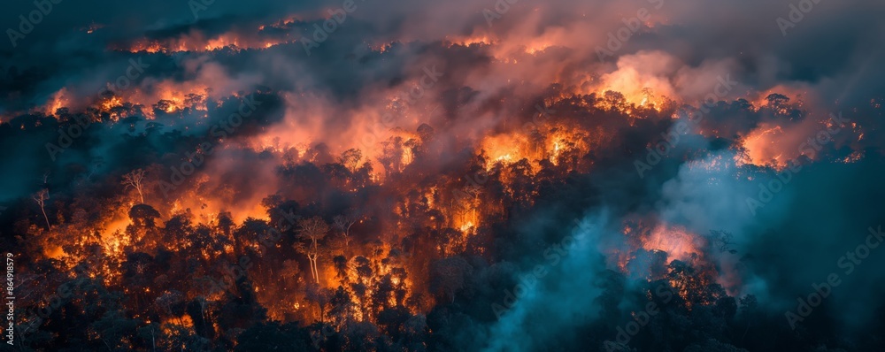 Dramatic and impactful aerial view capturing the intensity of a large forest fire Dramatic and impactful aerial view capturing the intensity of a large forest fire