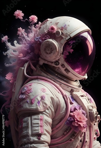 Female space astronaut covered in flowers..