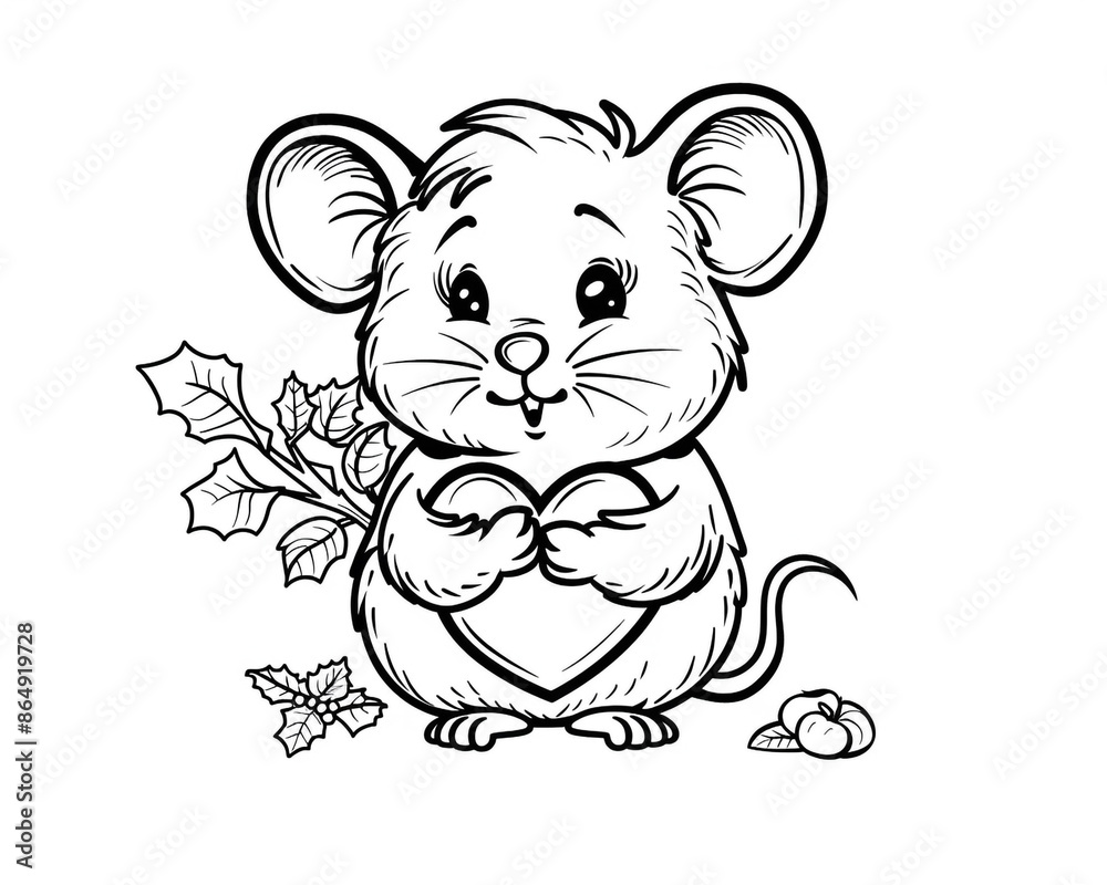 Cute cartoon mouse with a Valentine heart, outlined for coloring, on a white background.