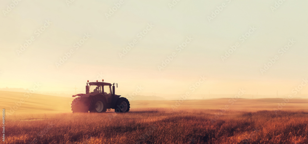 Naklejka premium Tractor Working In Misty Morning Field With Golden Light, Agricultural Scene