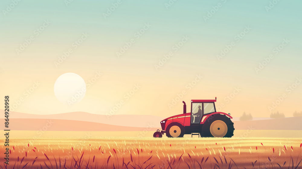Red Tractor In Cartoon Wheat Field Under Soft Morning Sun Red Tractor In Cartoon Wheat Field Under Soft Morning Sun