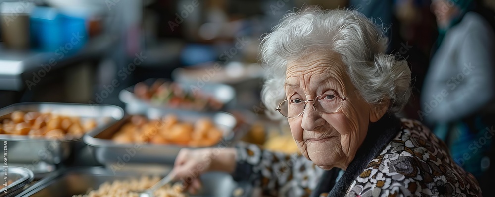 Elderly woman volunteering at a local shelter, giving back Elderly woman volunteering at a local shelter, giving back