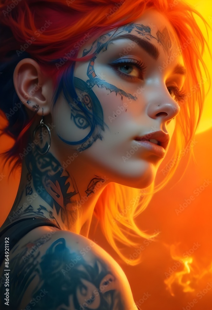 Obraz premium Woman with tattoos on her face staring - fire and smoke..
