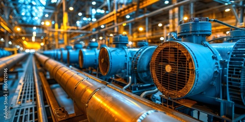 Long rows of cooling tower sets, cooling fans in the data center room