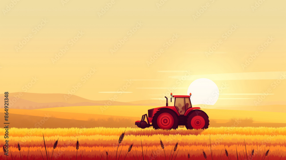 Fototapeta premium Red Tractor Silhouetted Against Setting Sun In Wheat Field