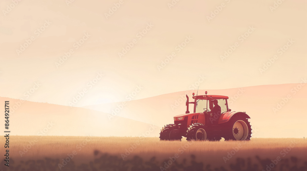 Fototapeta premium Red Tractor In Golden Field Under Soft Early Morning Light