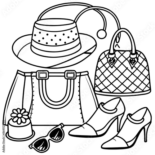 a coloring page with a hat, shoes and handbag
