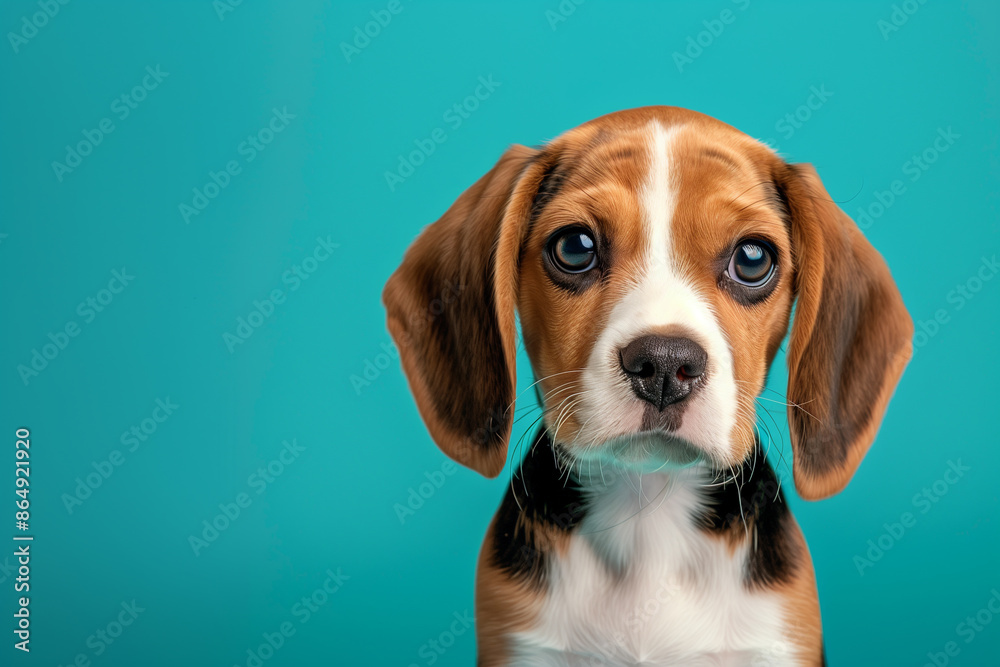 Beagle puppy sitting on blue background looking at the camera. Beagle puppy sitting on blue background looking at the camera.