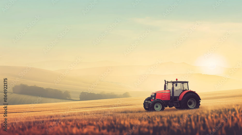 Red Tractor With Birds In Rolling Hills Under Soft Sunrise, Agricultural Landscape Red Tractor With Birds In Rolling Hills Under Soft Sunrise, Agricultural Landscape