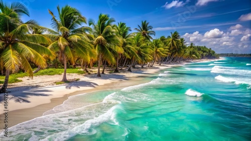 Turquoise waves gently lap at the powdery white sand of a serene Mexican beach lined with verdant swaying palm trees.