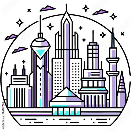 a city skyline with buildings and stars