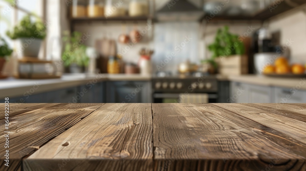 Wooden table on blurred kitchen bench background. Empty wooden table and blurred kitchen background Wooden table on blurred kitchen bench background. Empty wooden table and blurred kitchen background