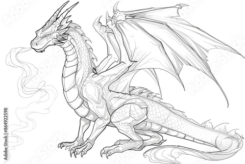 Sketch outline of a dragon with smoke, outlined for coloring, on a white background.