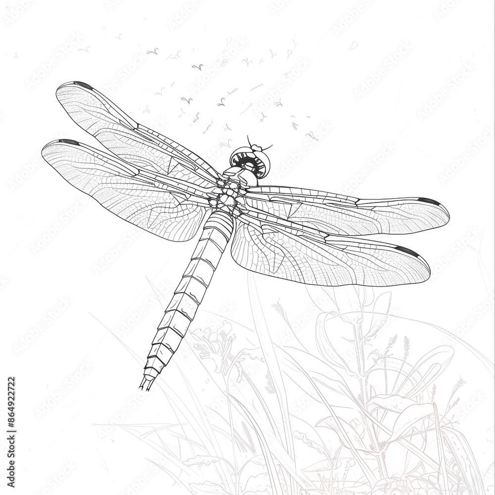 Sketch outline of a dragonfly in flight, outlined for coloring, on a white background. Sketch outline of a dragonfly in flight, outlined for coloring, on a white background.