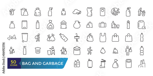 Bag and Garbage for trash icons set. Food garbage, Dirty dustbin. Collection and pack of linear web and ui icons. Editable stroke. Vector illustration