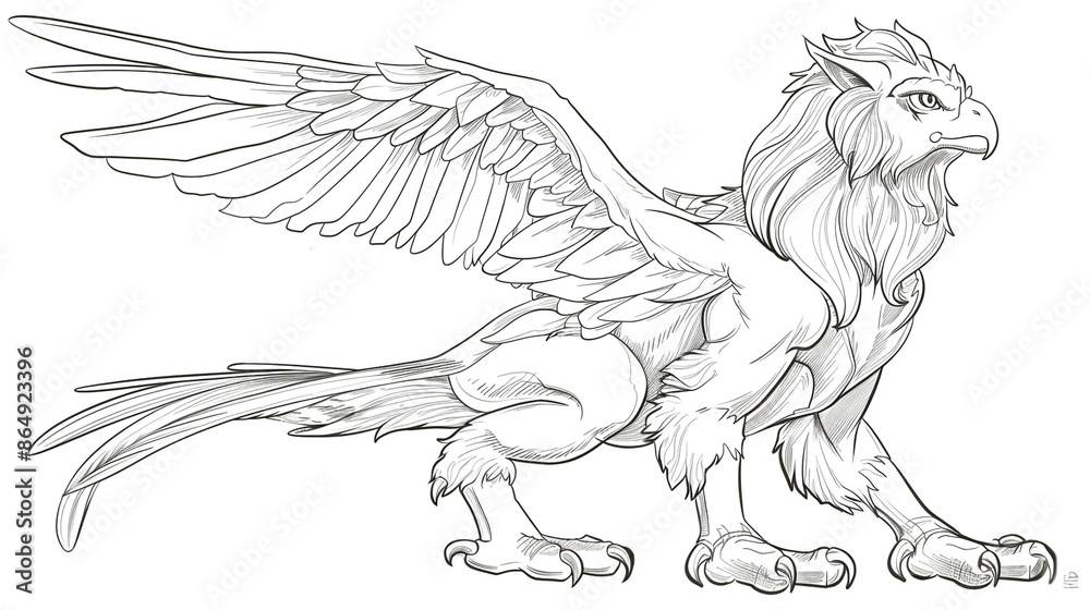 Sketch outline of a griffin with a proud stance, outlined for coloring, on a white background. Sketch outline of a griffin with a proud stance, outlined for coloring, on a white background.