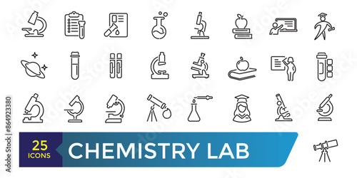 Chemistry lab and diagrammatic icons set. Related to showing assorted experiments. Collection and pack of linear web and ui icons. Editable stroke. Vector illustration