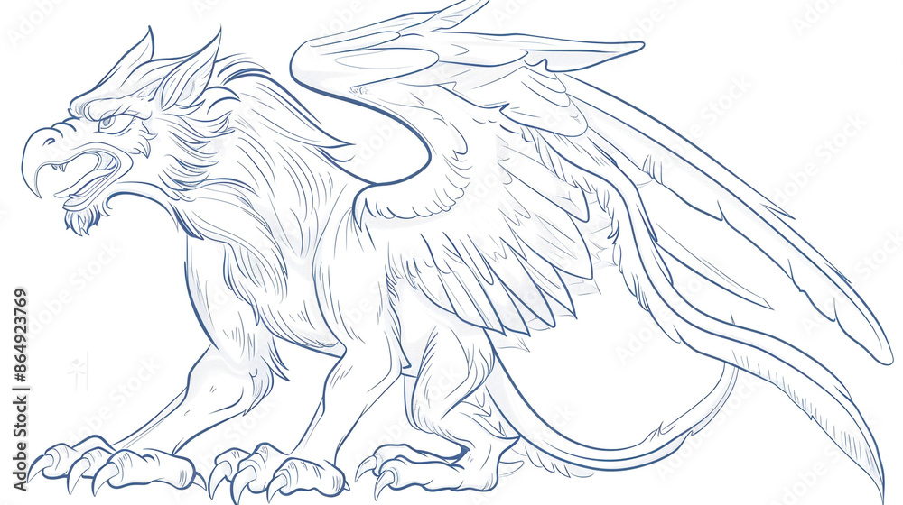 Fototapeta premium Sketch outline of a griffin roaring, outlined for coloring, on a white background.