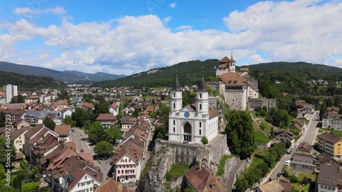 Drone shot of Aarburg castle flying backwards in Switzerland photo