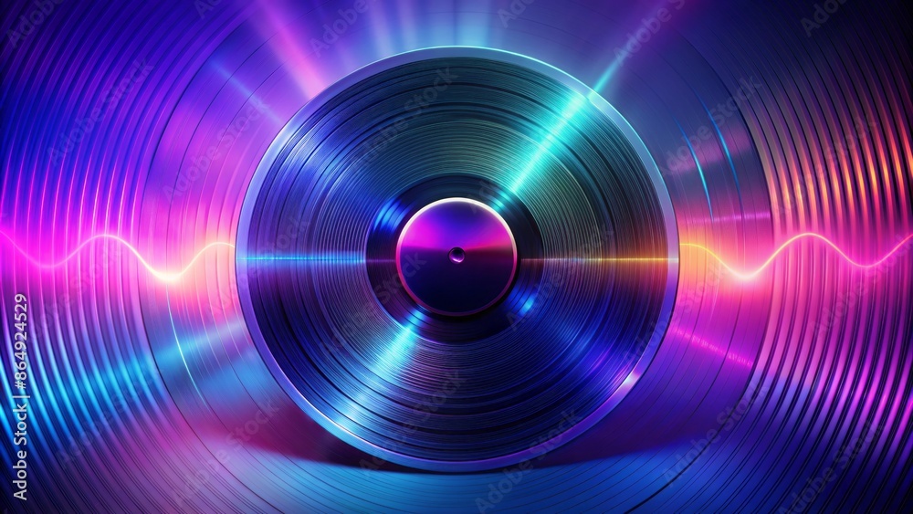 Modern vinyl record with purple label and blue sleeve on high-tech gradient background, surrounded by futuristic sound waves. Modern vinyl record with purple label and blue sleeve on high-tech gradient background, surrounded by futuristic sound waves.