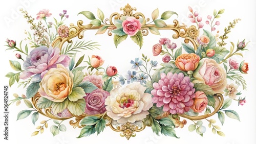 Delicate, dreamy watercolor illustration of intricate flowers arrangement in ornate frame on transparent background, perfect for vintage designs.