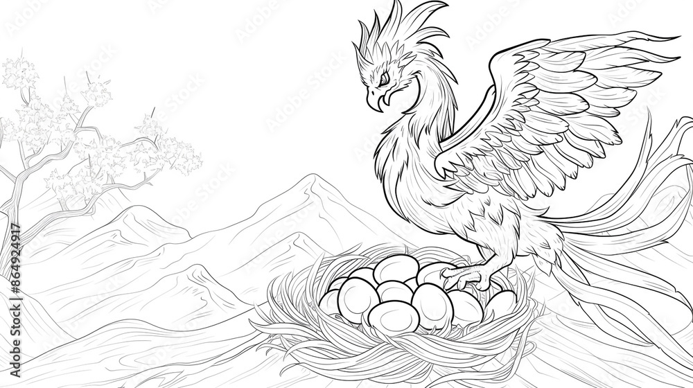 Sketch outline of a phoenix with a nest of eggs, outlined for coloring, on a white background. Sketch outline of a phoenix with a nest of eggs, outlined for coloring, on a white background.