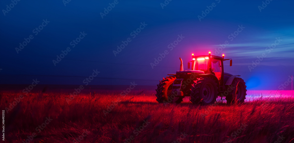 Fototapeta premium Tractor With Red And Blue Lights In Misty Field During Dusk..
