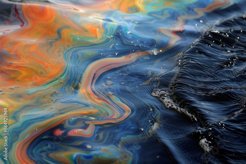 Close-up of an oil spill on water with containment booms, environmental disaster concept