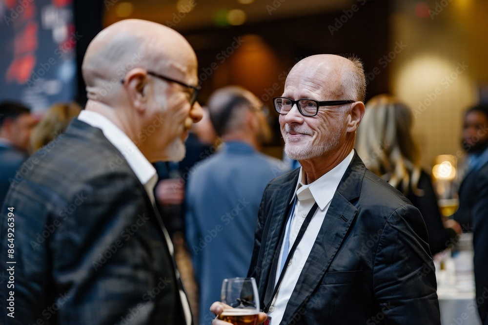 Two men, successful business executives, standing side by side, engaging in networking, A successful business executive networking at a prestigious industry event Two men, successful business executives, standing side by side, engaging in networking, A successful business executive networking at a prestigious industry event