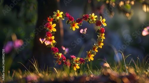 Enchanting heart-shaped flower wreath in twilight glow