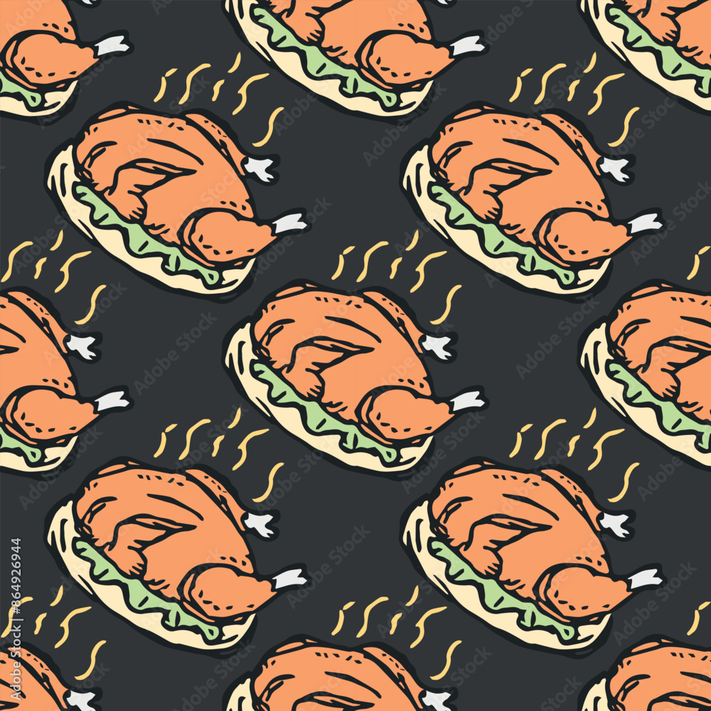Seamless baked turkey pattern. Drawn baked turkey background. Doodle hand drawn turkey illustration Seamless baked turkey pattern. Drawn baked turkey background. Doodle hand drawn turkey illustration