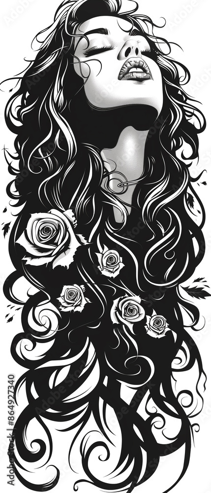 A woman with long black hair and a rose tattoo on her head A woman with long black hair and a rose tattoo on her head