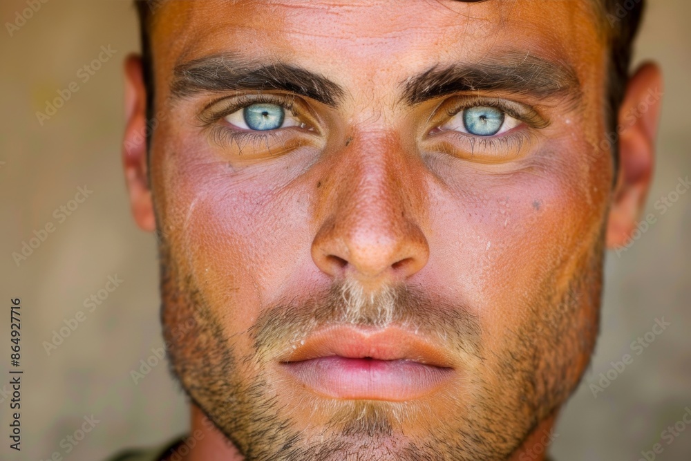 Captivating close-up of a man with striking blue eyes and sun-kissed skin Captivating close-up of a man with striking blue eyes and sun-kissed skin
