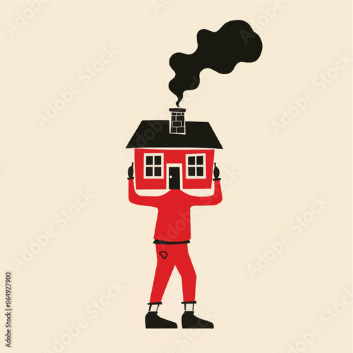 Hand drawn illustration style of a person carrying a house. Property and real estate concept