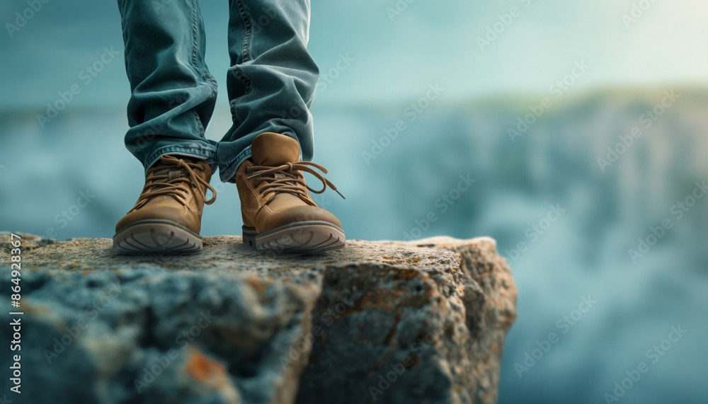 A person in sturdy hiking boots stands firmly on the edge of a rugged cliff, representing the spirit of adventure, the thrill of height, and the beauty of the natural world.