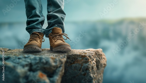 A person in sturdy hiking boots stands firmly on the edge of a rugged cliff, representing the spirit of adventure, the thrill of height, and the beauty of the natural world.