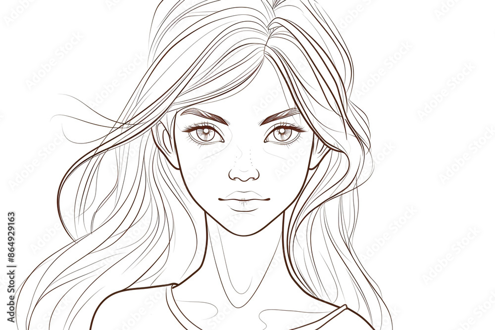 Sketch outline of an attractive young girl with long hair, outlined for coloring, on a white background. Sketch outline of an attractive young girl with long hair, outlined for coloring, on a white background.