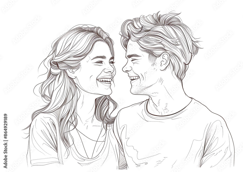 Sketch outline of an attractive young couple smiling at each other, outlined for coloring, on a white background.