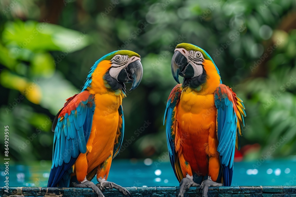 Two colorful macaws posing near a pond Two colorful macaws posing near a pond