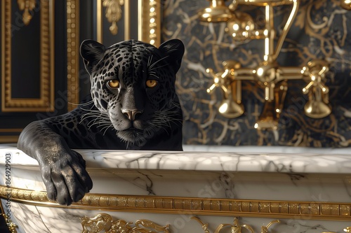 Black panther relaxing in luxurious bathroom interior design
