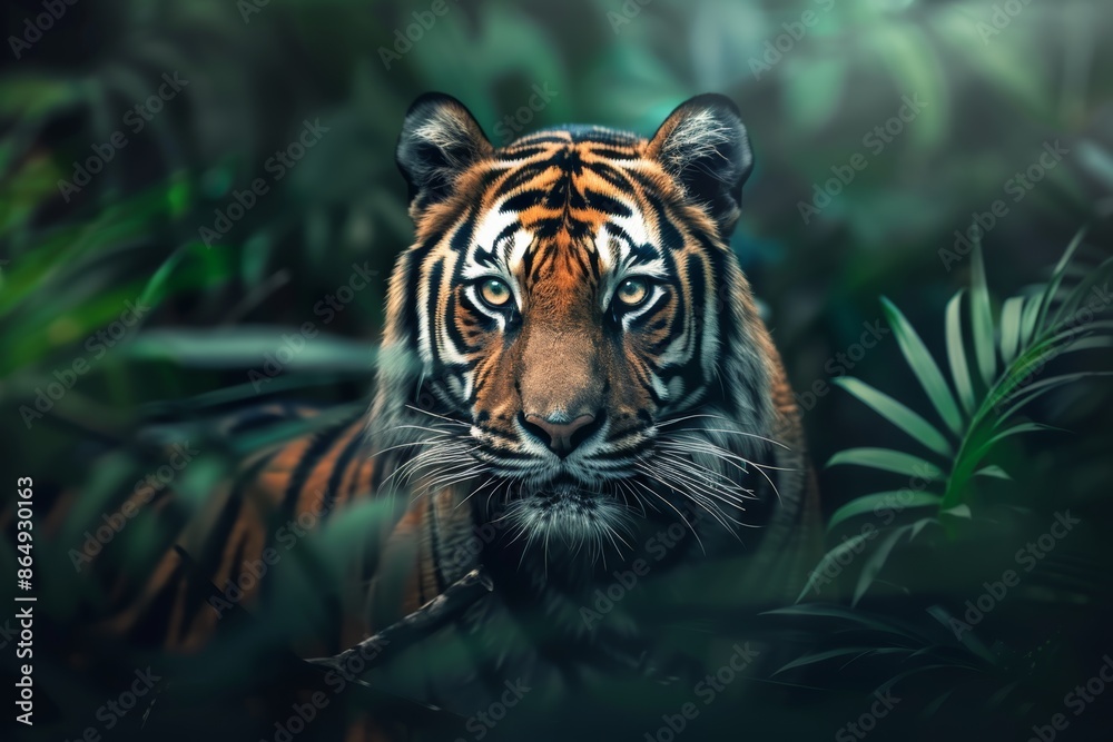 Majestic tiger lurking in the dense jungle foliage Majestic tiger lurking in the dense jungle foliage