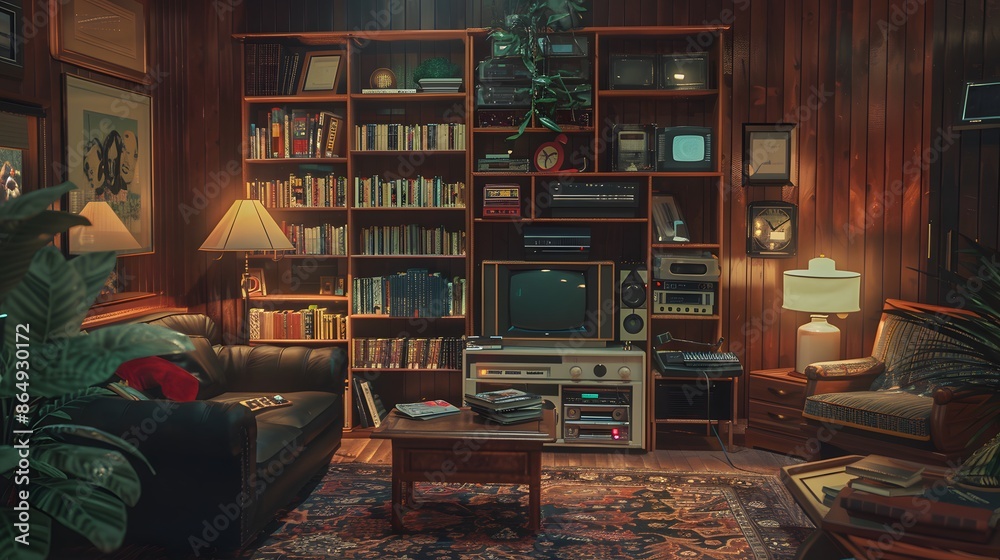 There is a fireplace in the living room. Table with computer equipment, shelf and 80's style TV. There is a fireplace in the living room. Table with computer equipment, shelf and 80's style TV.