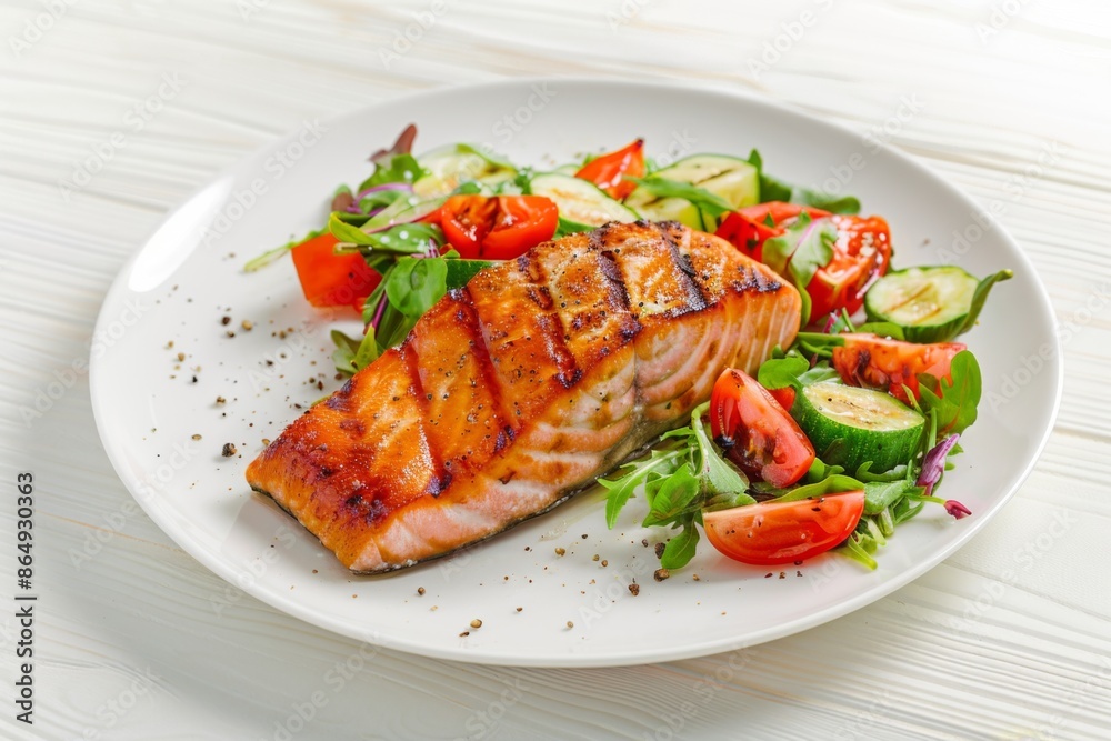 photo of a healthy and delicious meal, perfectly grilled salmon fillet served with a medley of fresh vegetables photo of a healthy and delicious meal, perfectly grilled salmon fillet served with a medley of fresh vegetables