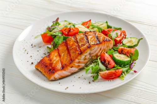 photo of a healthy and delicious meal, perfectly grilled salmon fillet served with a medley of fresh vegetables