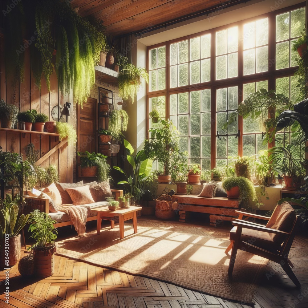 Fototapeta premium Spacious modern living room with a stunning view features sleek furniture and wooden accents for a luxurious feel