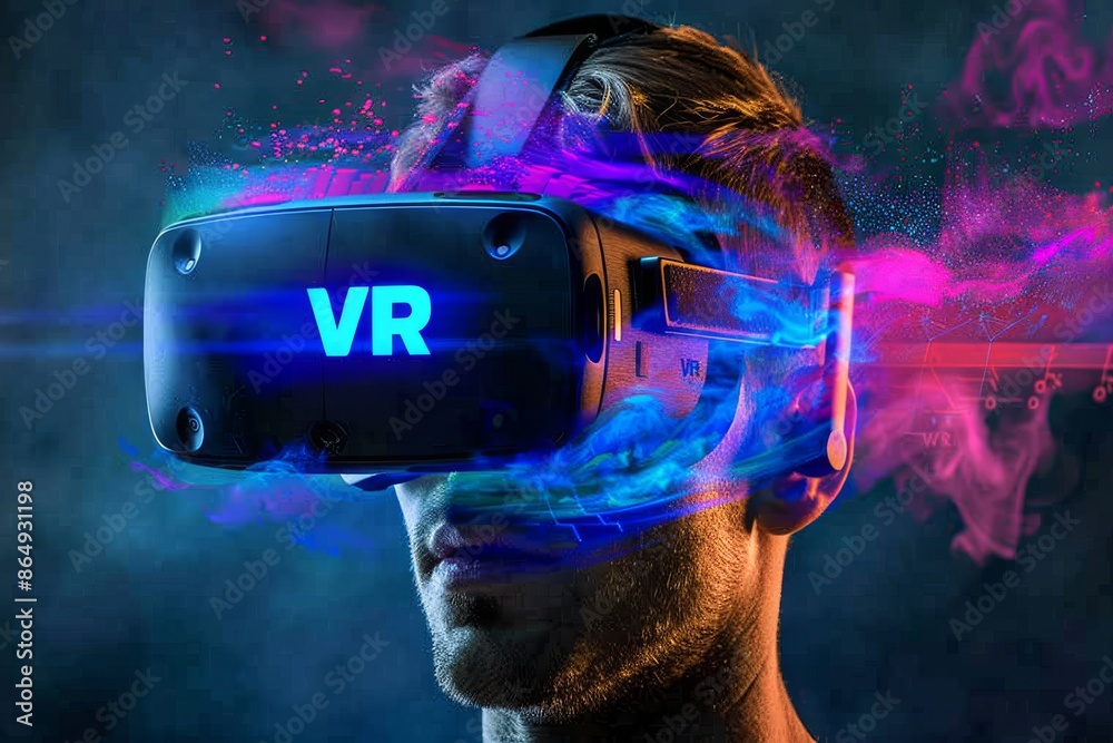 Fototapeta premium Man enjoying VR in a high-tech workspace, advanced technology, immersive virtual reality experience, and modern digital innovation.