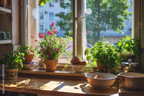 Wallpaper Mural A window sill adorned with various potted plants under the natural light from a window, A sunny kitchen with fresh flowers on the windowsill and the smell of baking bread in the air Torontodigital.ca