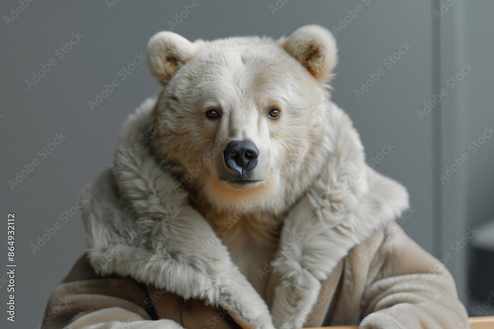 Polar bear wearing winter coat posing indoors Polar bear wearing winter coat posing indoors